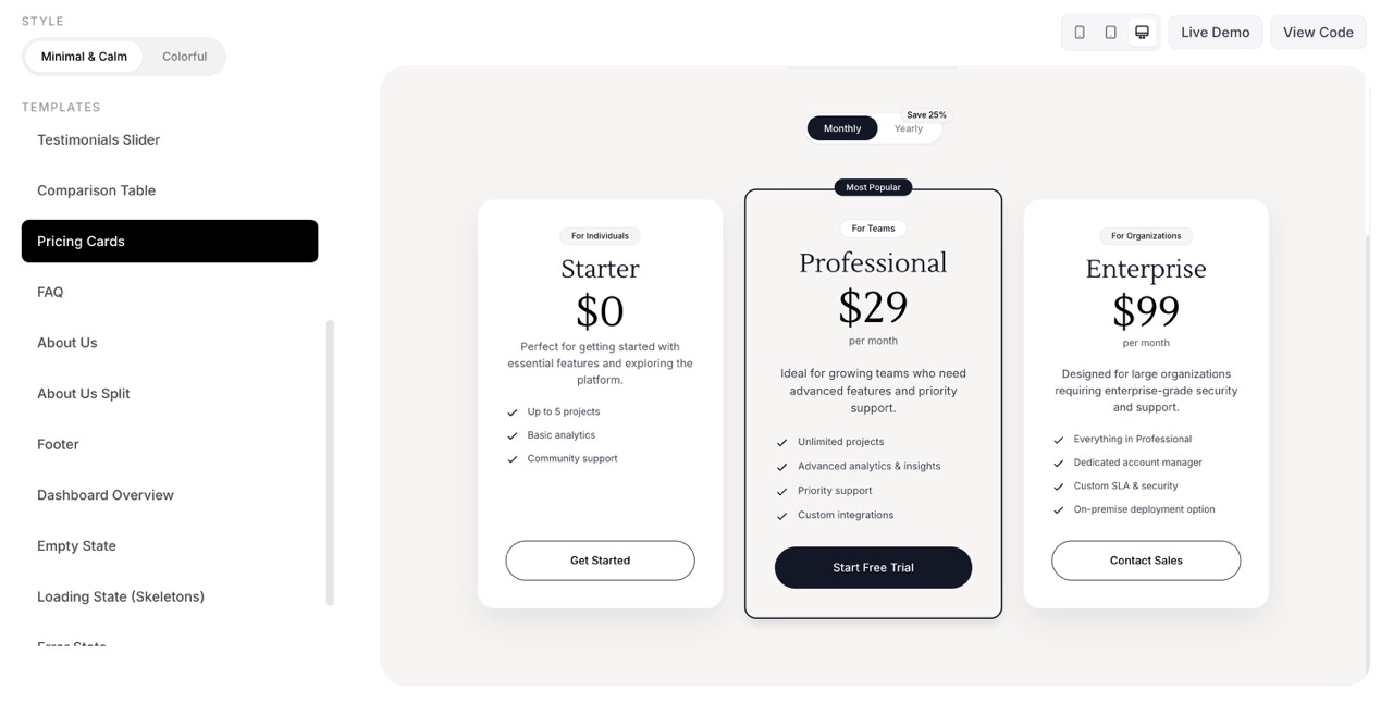 SaaS UI template pricing section example built with Tailwind CSS.
