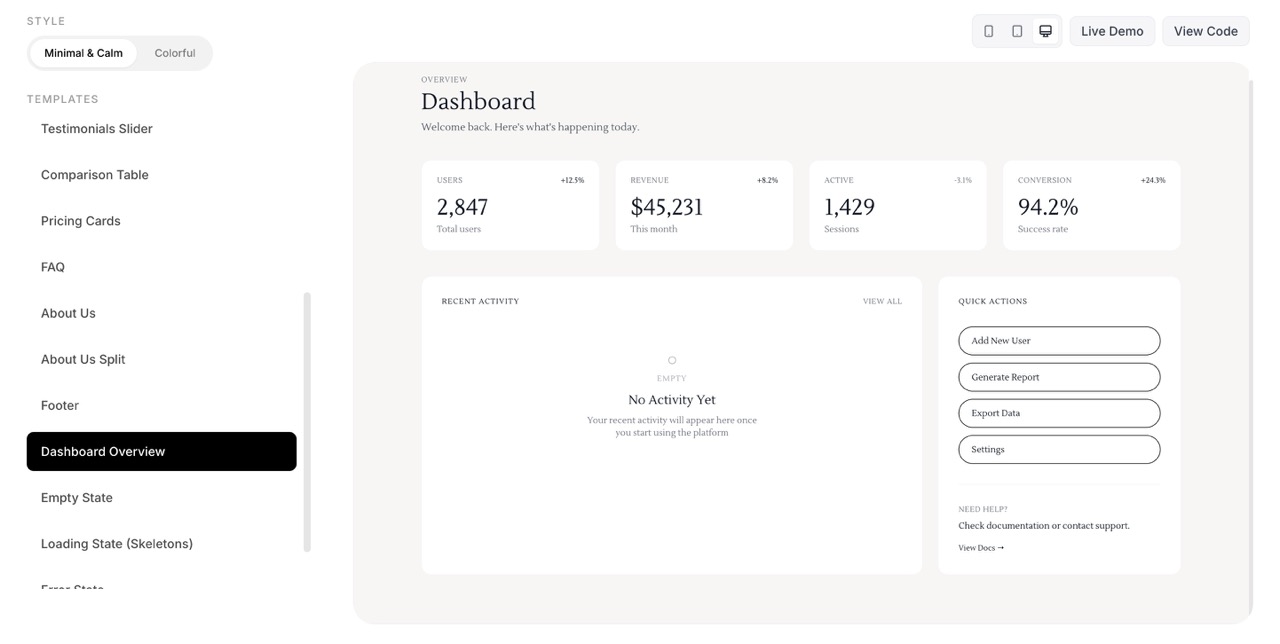 SaaS dashboard UI design template with stats overview built with React and Tailwind.