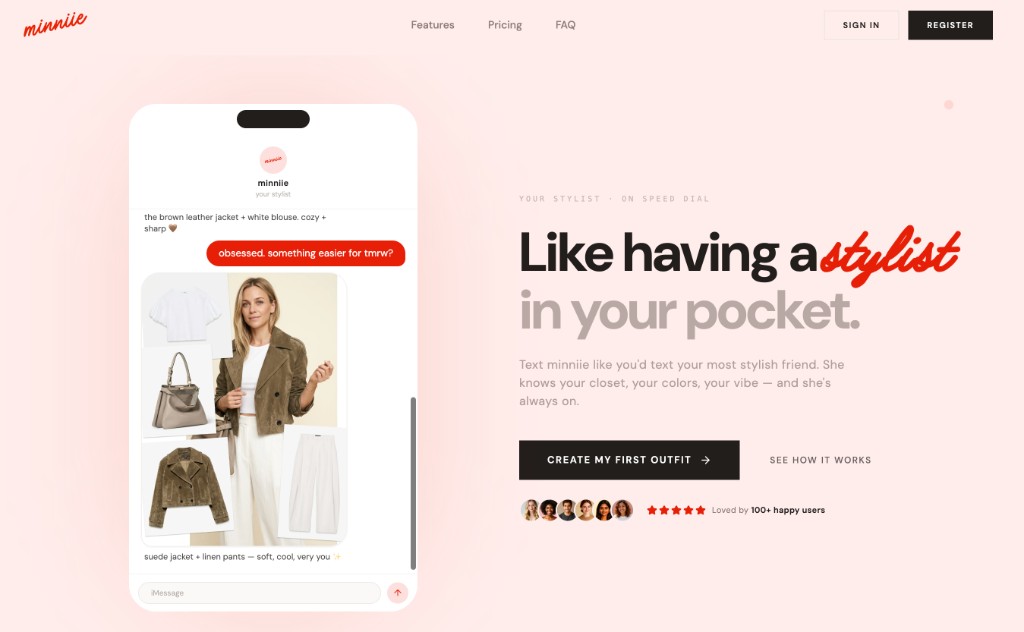 minniie landing page — AI wardrobe stylist built with the ItsMarta UI kit